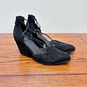 Eileen Fisher Women's 6.5 Black Suede Rope Ghillie Lace Block Heel Wedding Guest